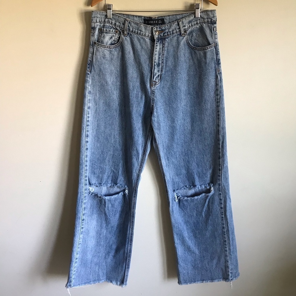 Lioness Wide Leg Ripped Distressed Baggy Flood Denim Jeans Stone Wash Size XL